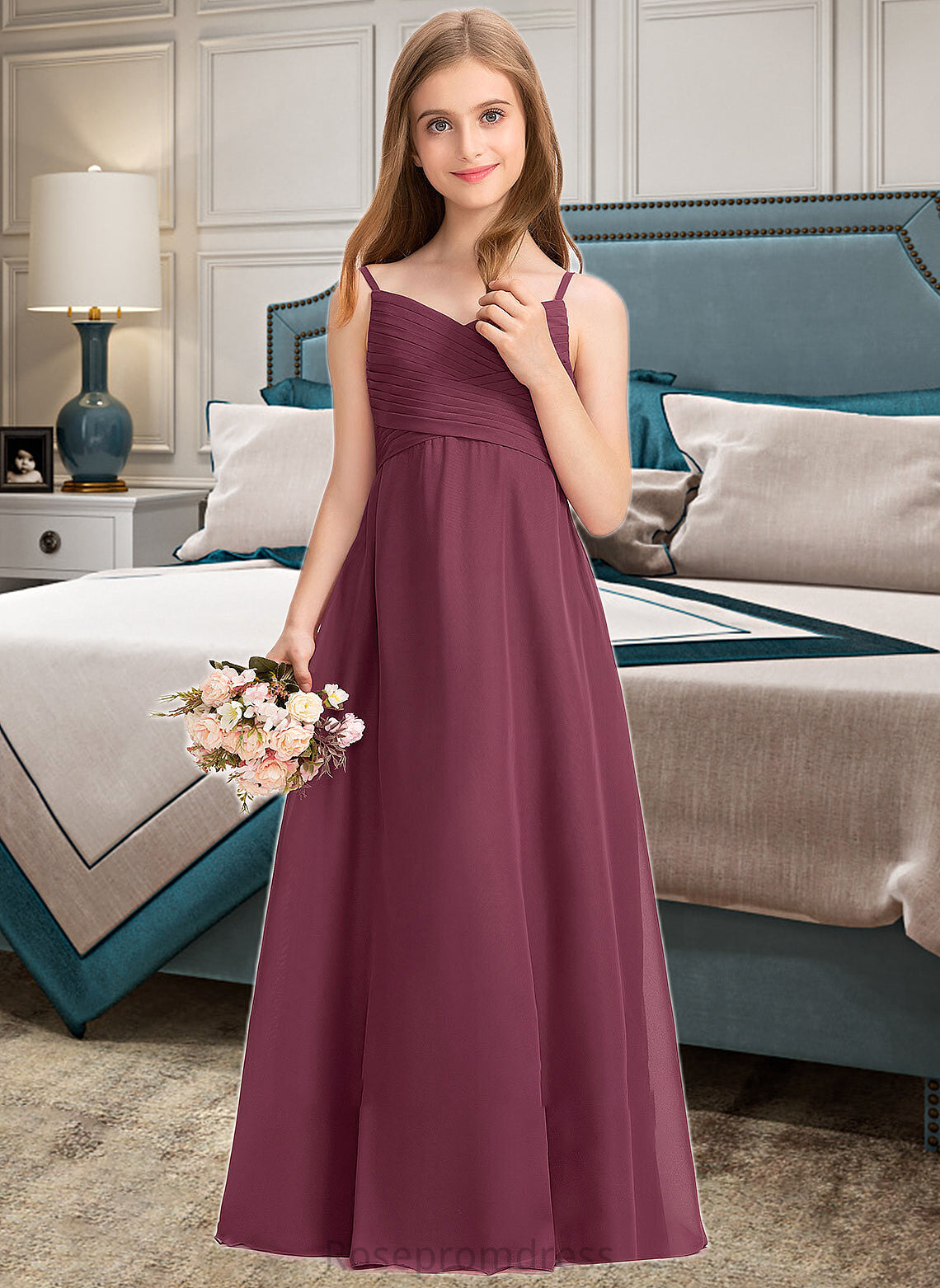 Britney A-Line Sweetheart Floor-Length Chiffon Junior Bridesmaid Dress With Ruffle SRSP0013470