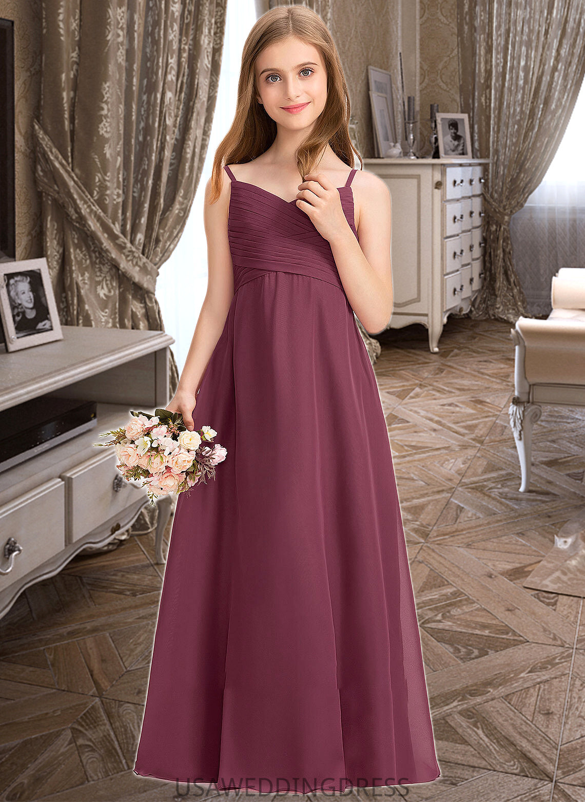 Naomi A-Line Sweetheart Floor-Length Chiffon Junior Bridesmaid Dress With Ruffle DSP0013470