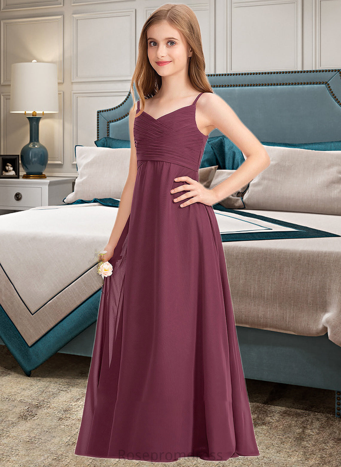 Britney A-Line Sweetheart Floor-Length Chiffon Junior Bridesmaid Dress With Ruffle SRSP0013470