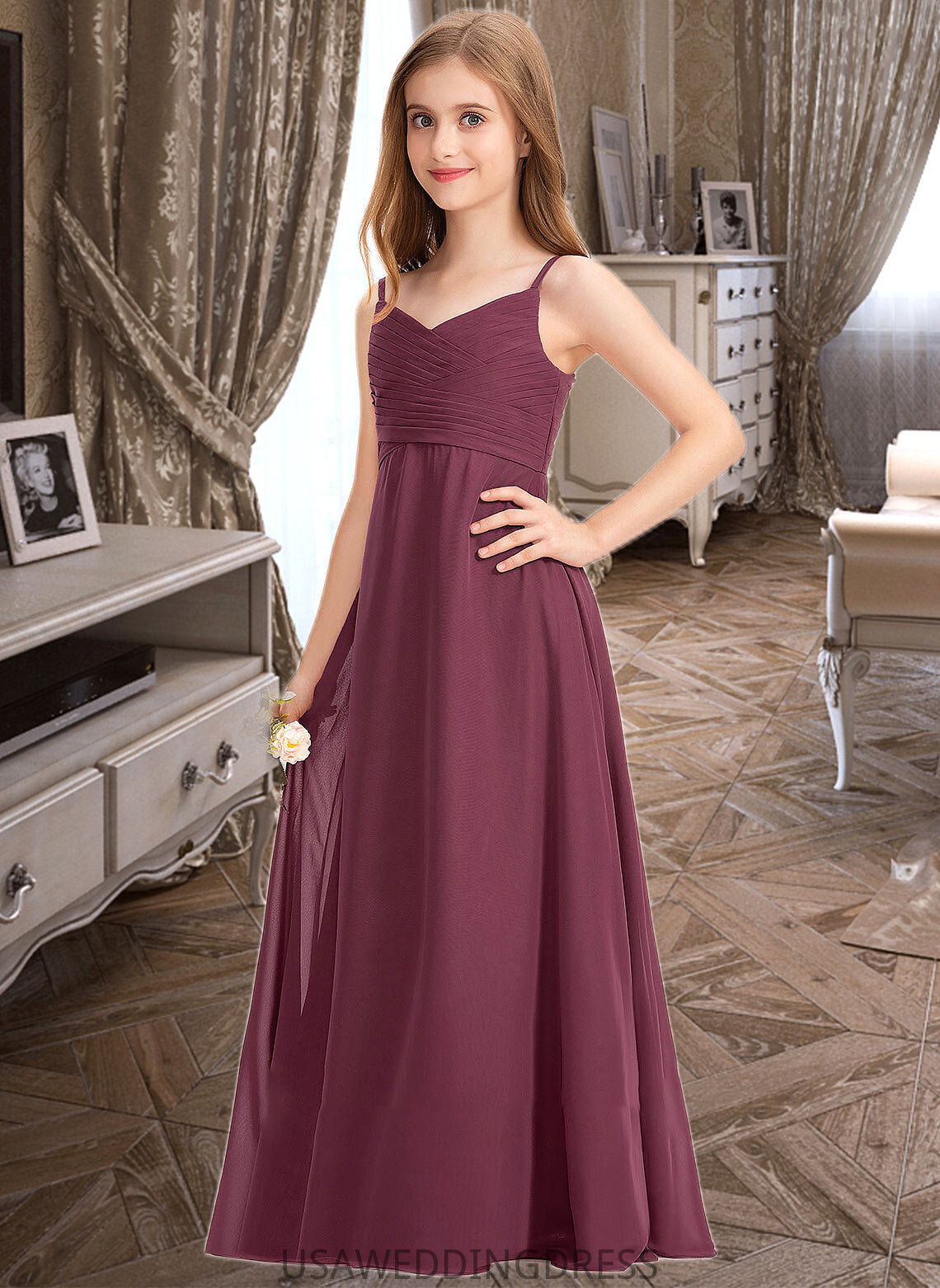 Naomi A-Line Sweetheart Floor-Length Chiffon Junior Bridesmaid Dress With Ruffle DSP0013470