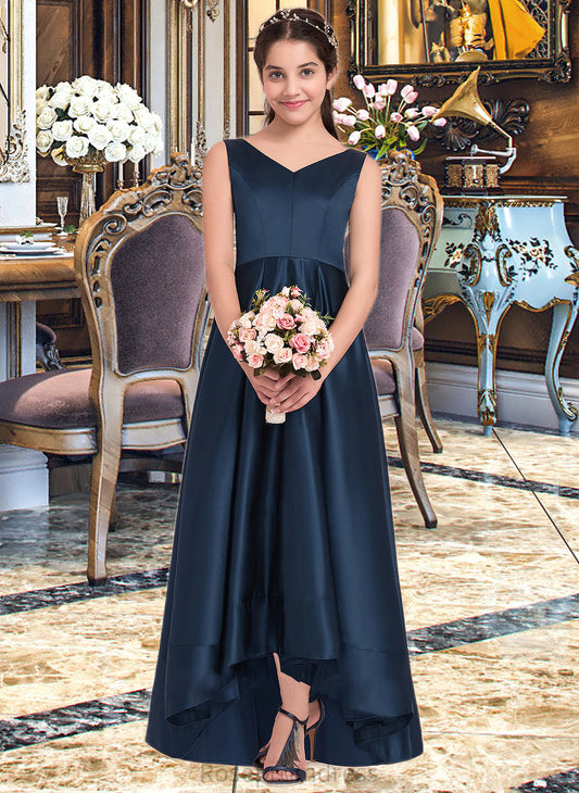 Kayleigh A-Line V-neck Asymmetrical Satin Junior Bridesmaid Dress SRSP0013471