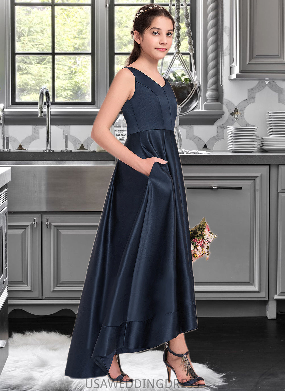 Ginny A-Line V-neck Asymmetrical Satin Junior Bridesmaid Dress DSP0013471