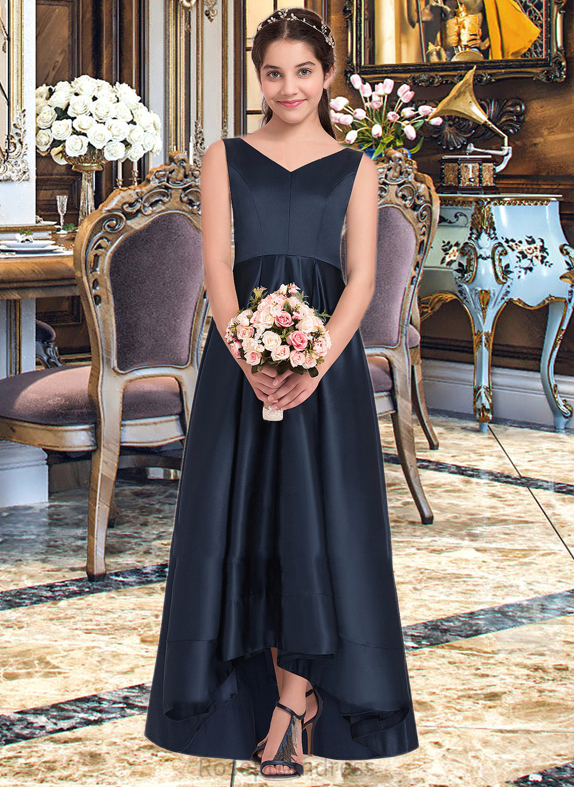 Kayleigh A-Line V-neck Asymmetrical Satin Junior Bridesmaid Dress SRSP0013471