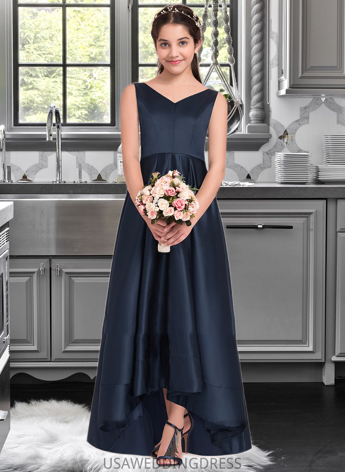 Ginny A-Line V-neck Asymmetrical Satin Junior Bridesmaid Dress DSP0013471