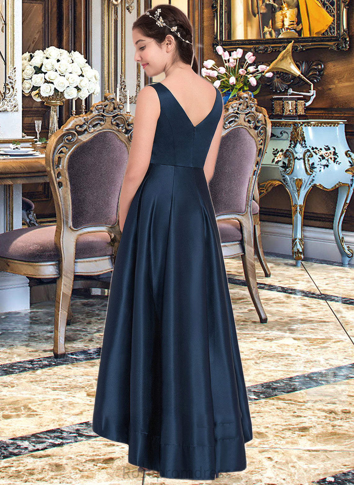 Kayleigh A-Line V-neck Asymmetrical Satin Junior Bridesmaid Dress SRSP0013471