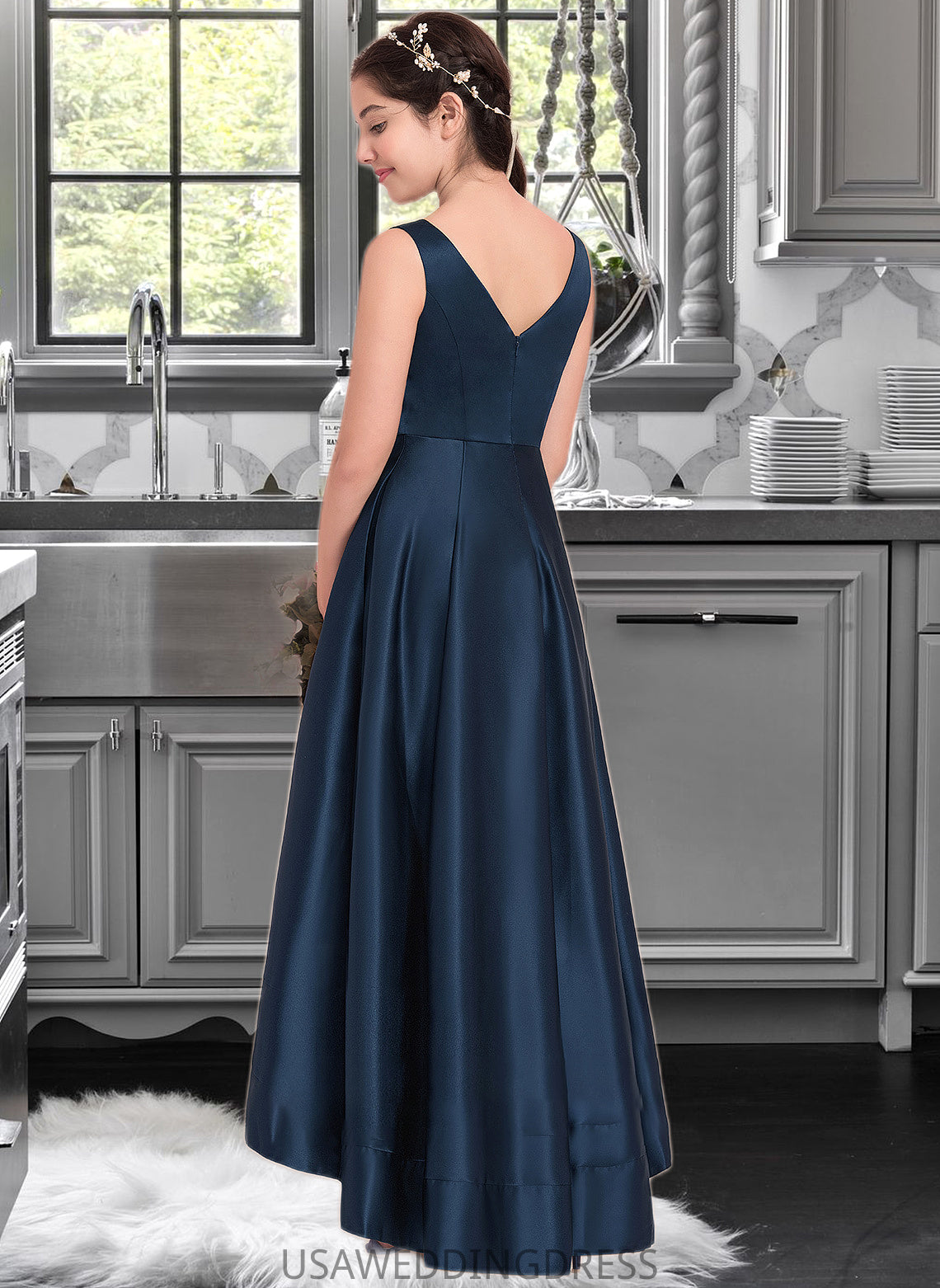 Ginny A-Line V-neck Asymmetrical Satin Junior Bridesmaid Dress DSP0013471