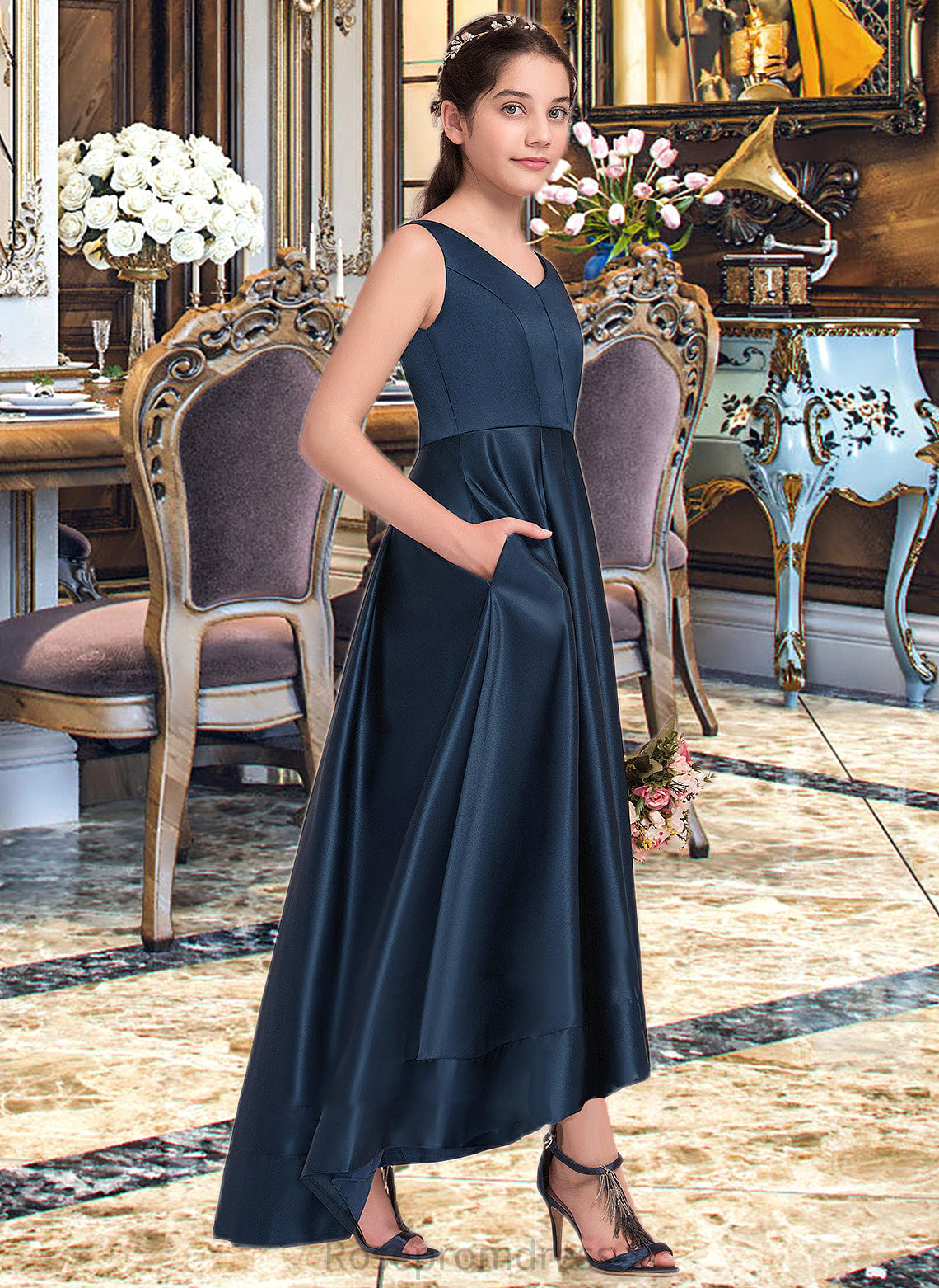 Kayleigh A-Line V-neck Asymmetrical Satin Junior Bridesmaid Dress SRSP0013471