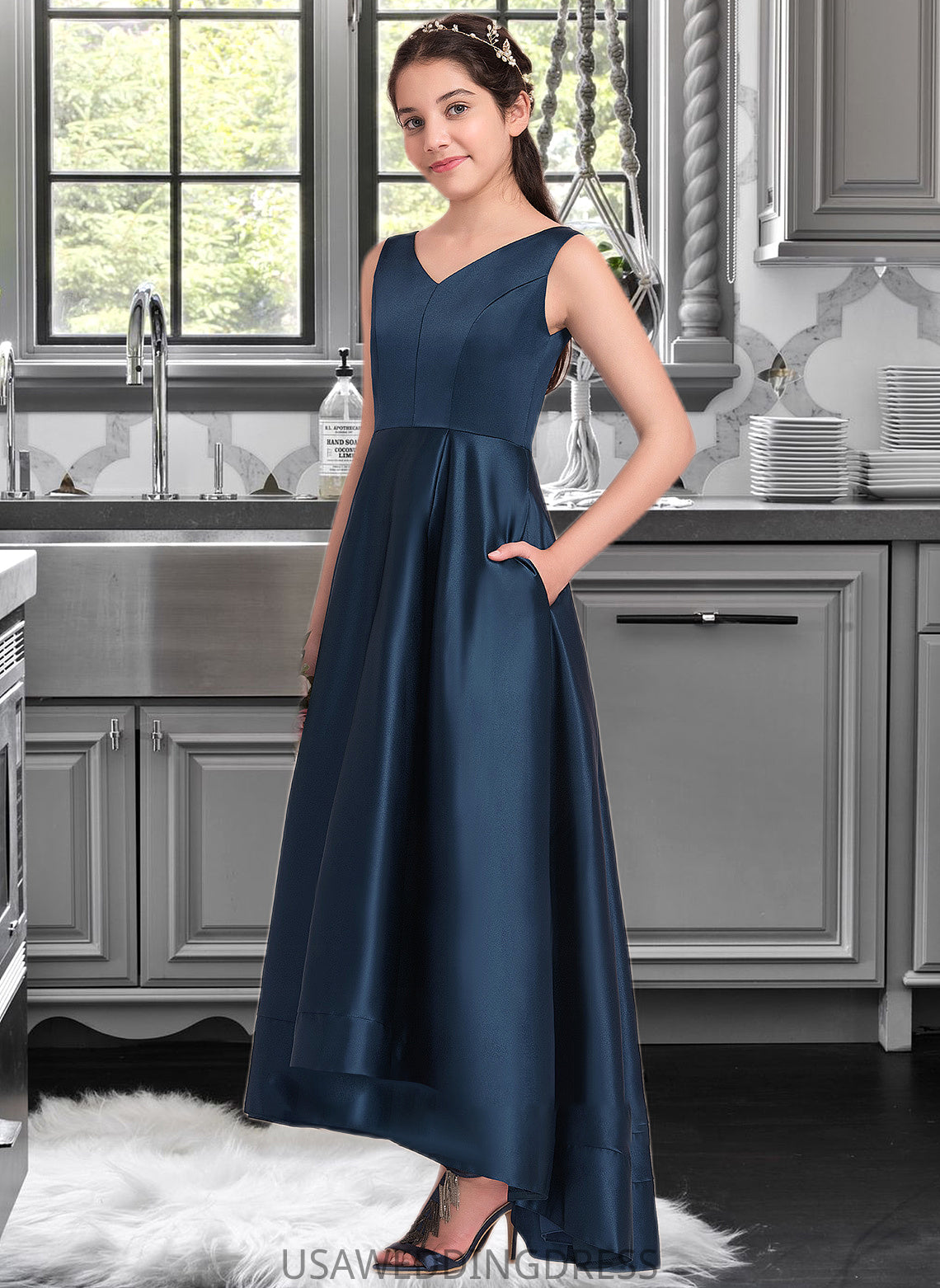 Ginny A-Line V-neck Asymmetrical Satin Junior Bridesmaid Dress DSP0013471