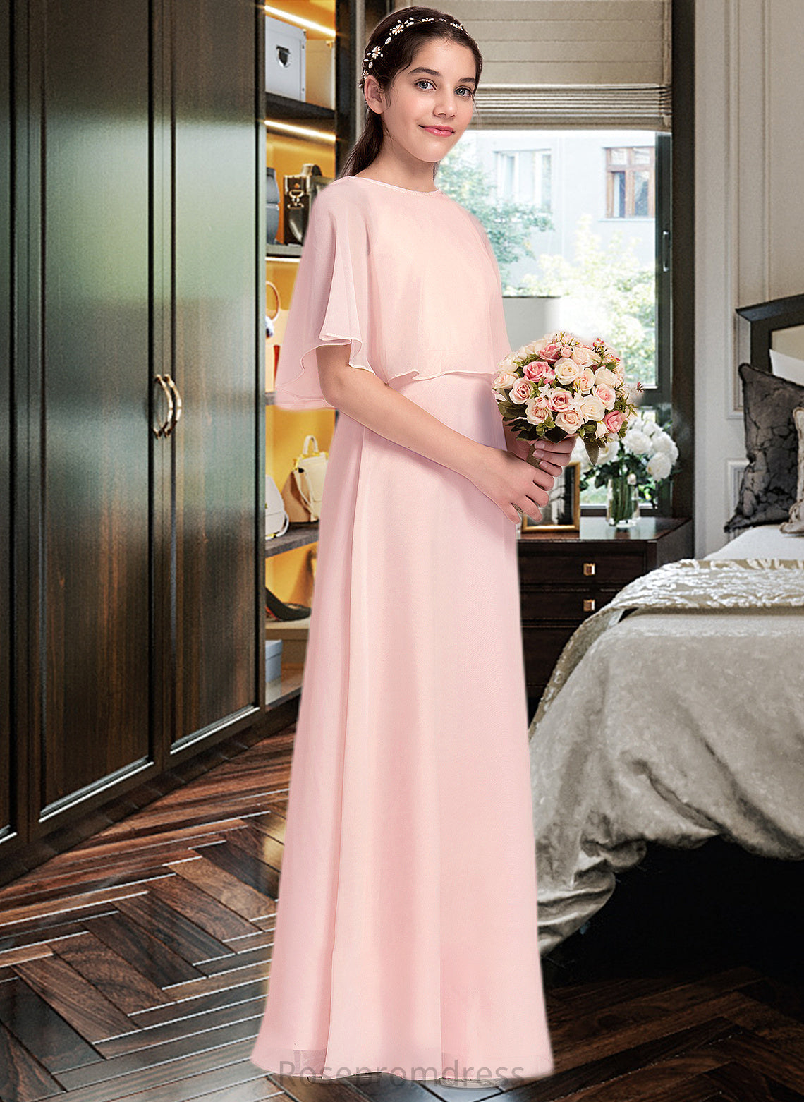 London A-Line Scoop Neck Floor-Length Chiffon Junior Bridesmaid Dress SRSP0013472