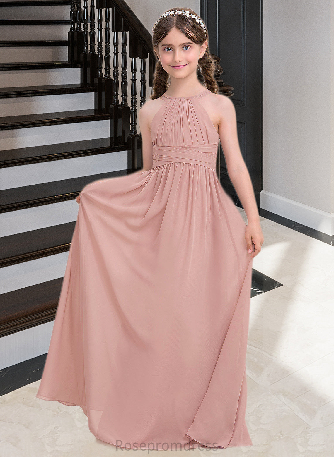 Serenity A-Line Scoop Neck Floor-Length Chiffon Junior Bridesmaid Dress With Ruffle SRSP0013473