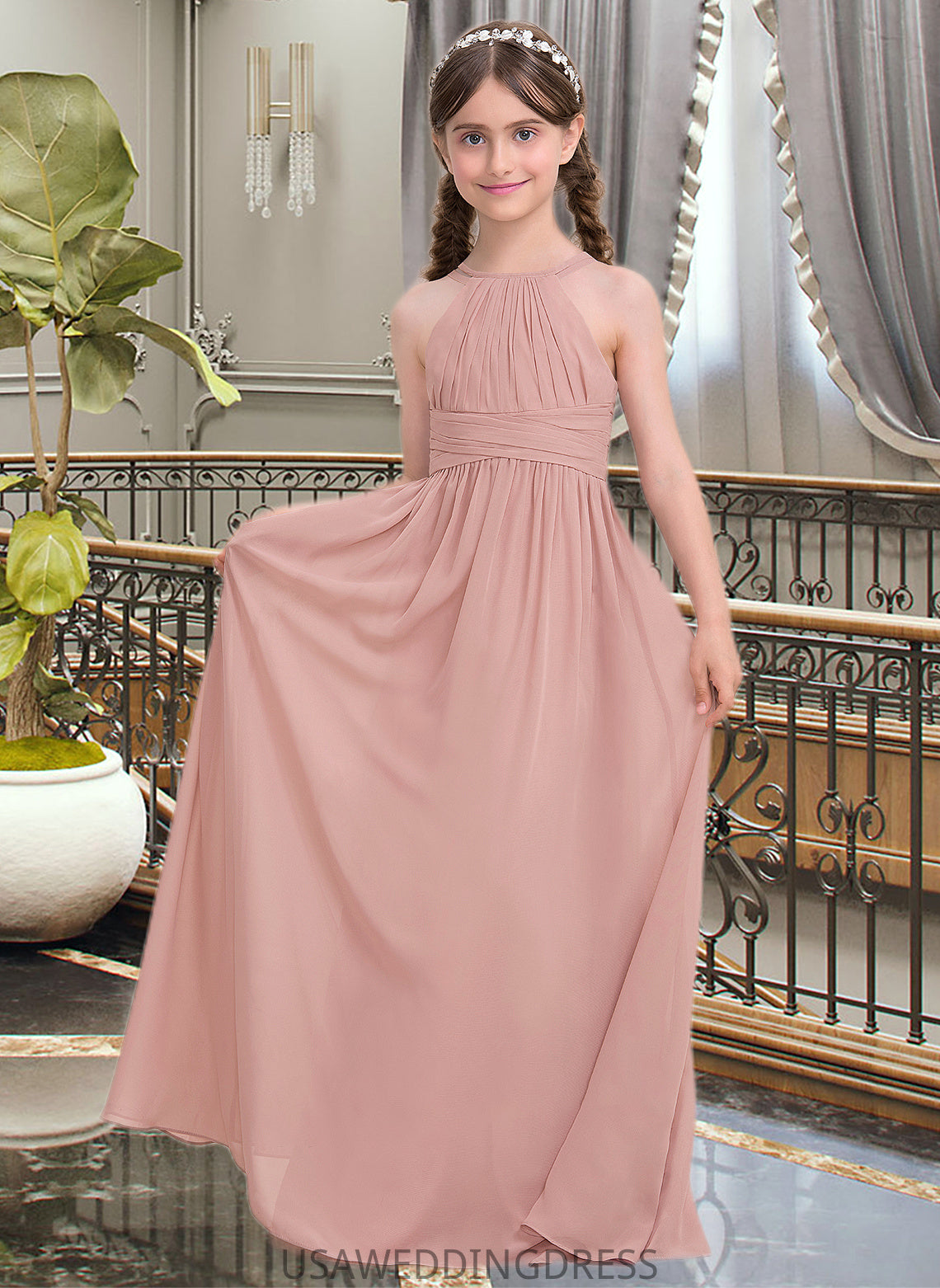 Pancy A-Line Scoop Neck Floor-Length Chiffon Junior Bridesmaid Dress With Ruffle DSP0013473