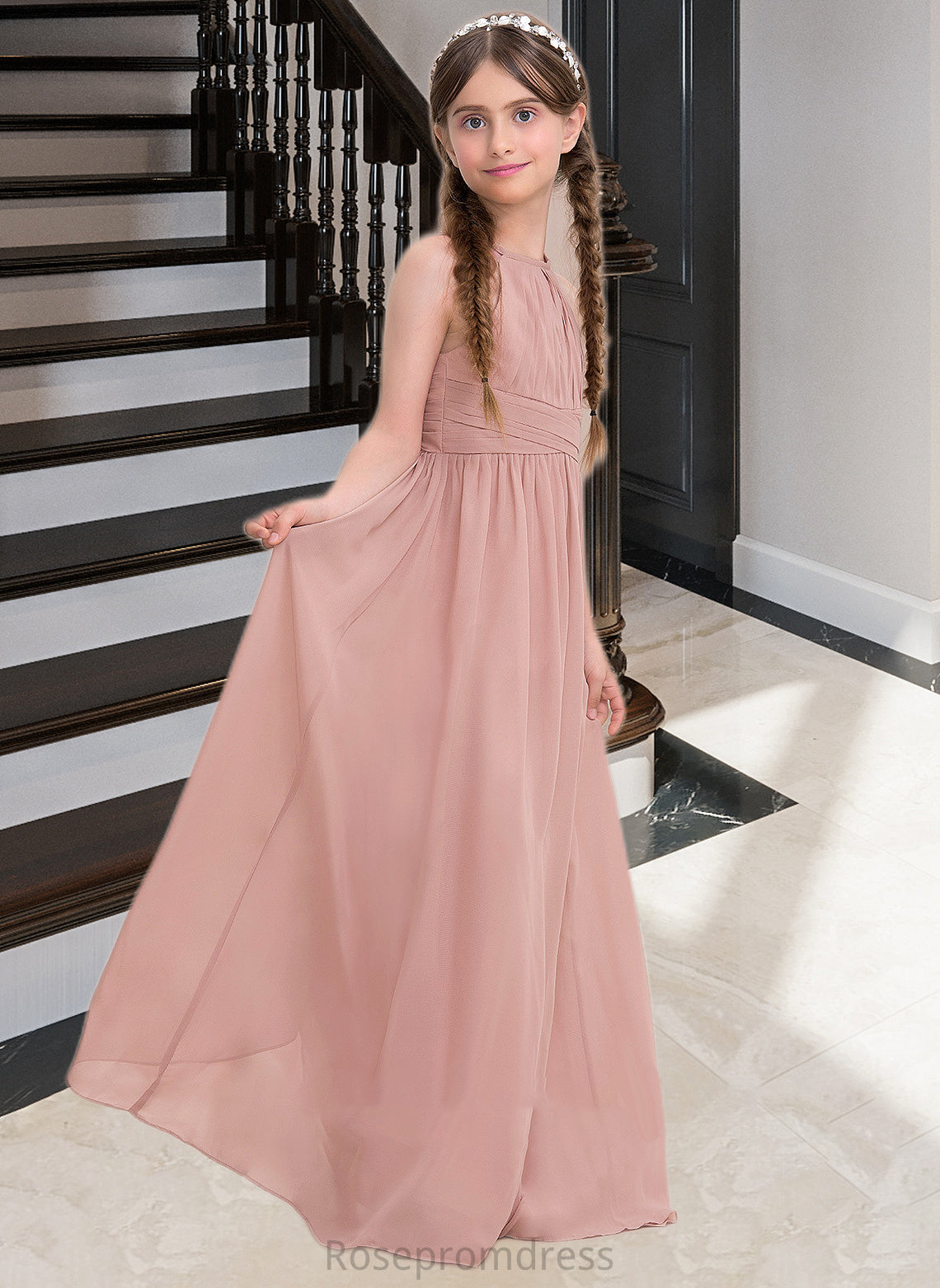 Serenity A-Line Scoop Neck Floor-Length Chiffon Junior Bridesmaid Dress With Ruffle SRSP0013473