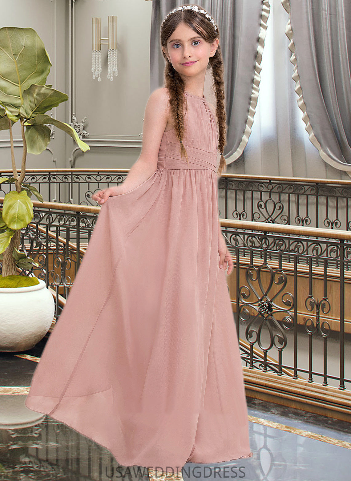 Pancy A-Line Scoop Neck Floor-Length Chiffon Junior Bridesmaid Dress With Ruffle DSP0013473