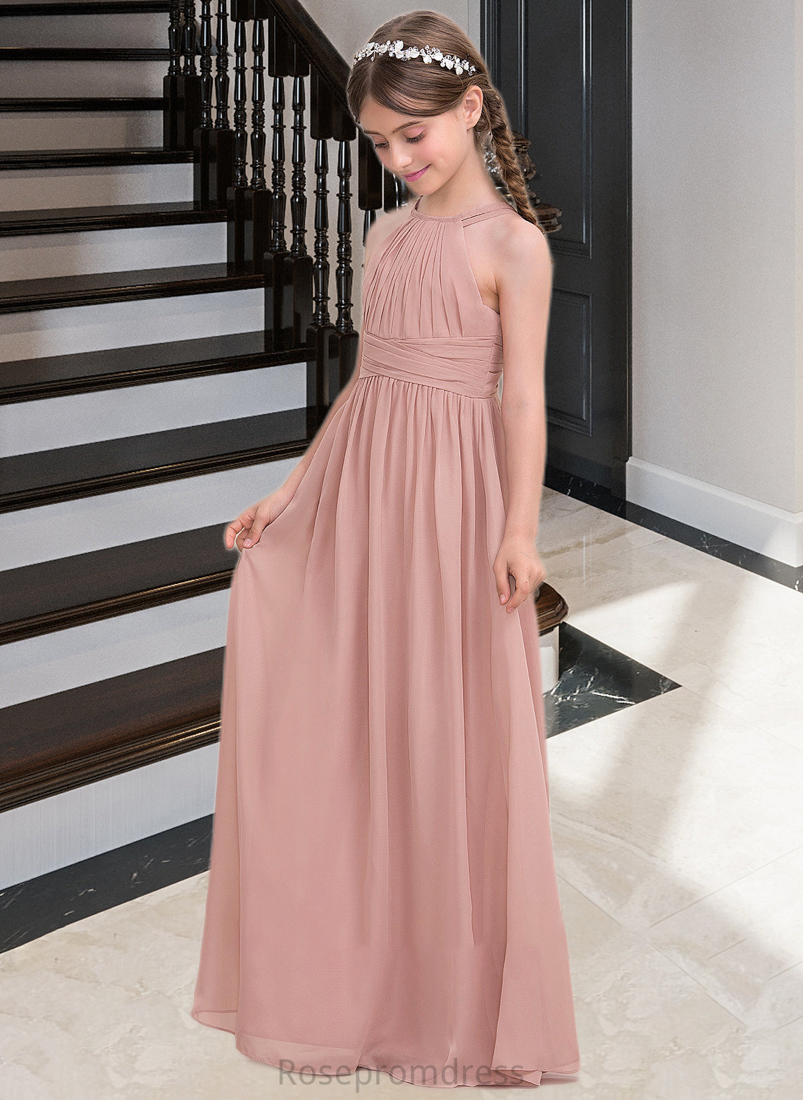 Serenity A-Line Scoop Neck Floor-Length Chiffon Junior Bridesmaid Dress With Ruffle SRSP0013473