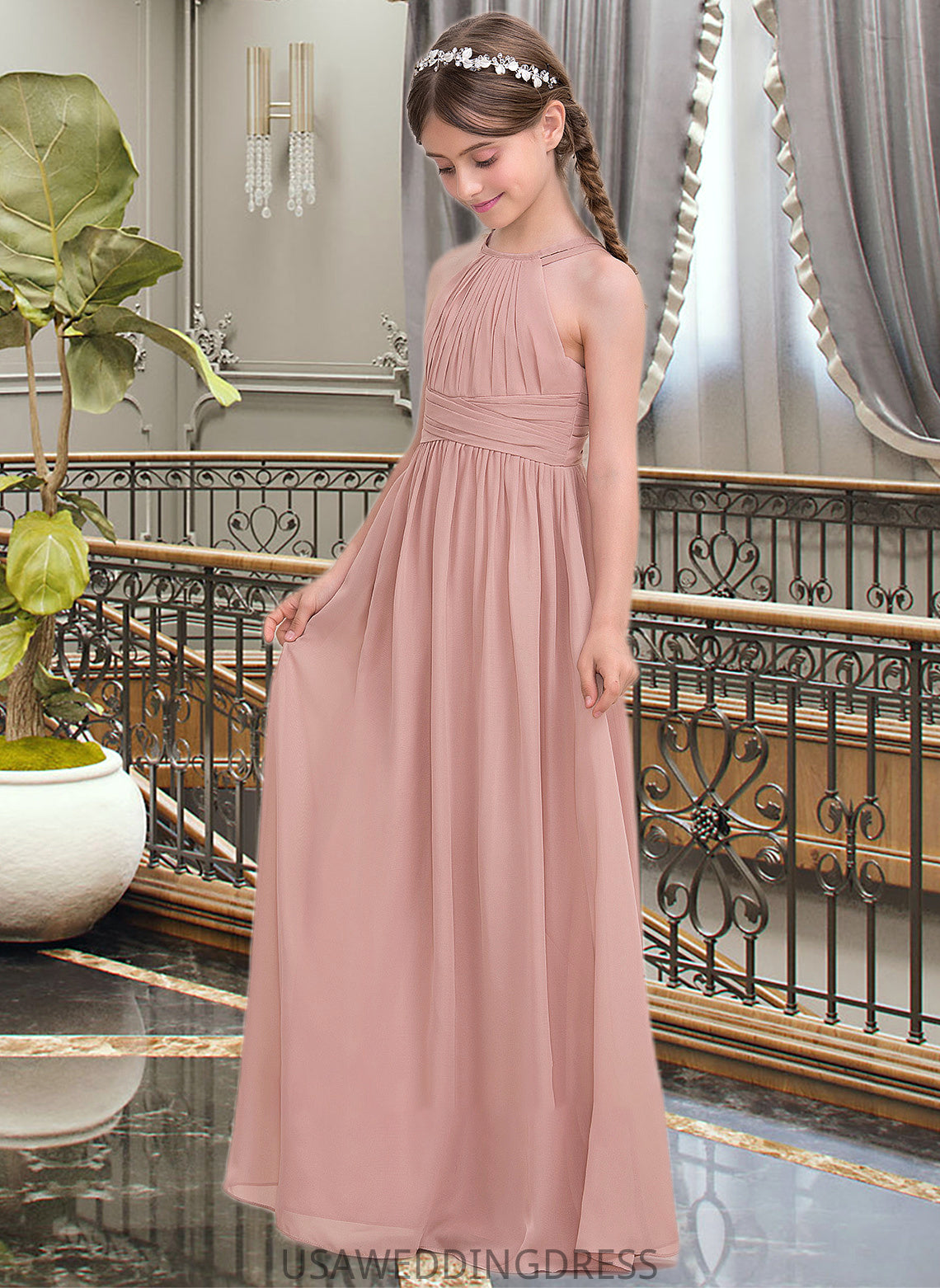 Pancy A-Line Scoop Neck Floor-Length Chiffon Junior Bridesmaid Dress With Ruffle DSP0013473