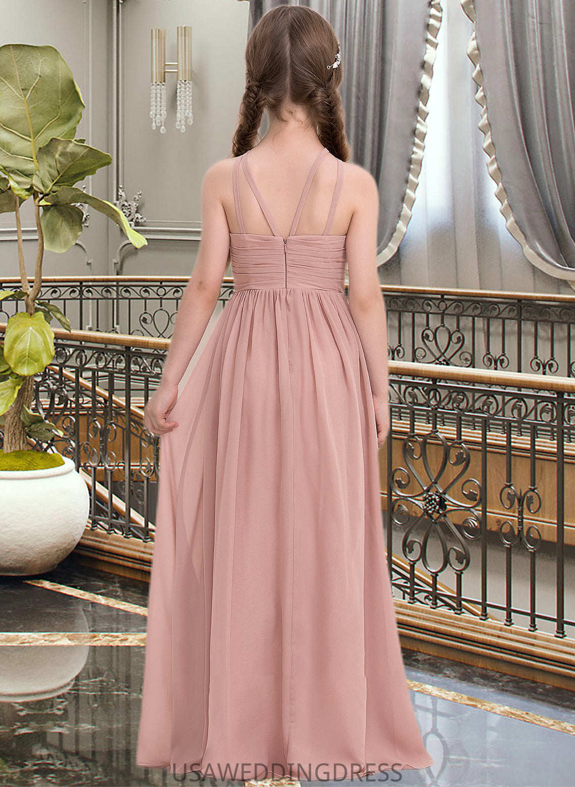 Pancy A-Line Scoop Neck Floor-Length Chiffon Junior Bridesmaid Dress With Ruffle DSP0013473