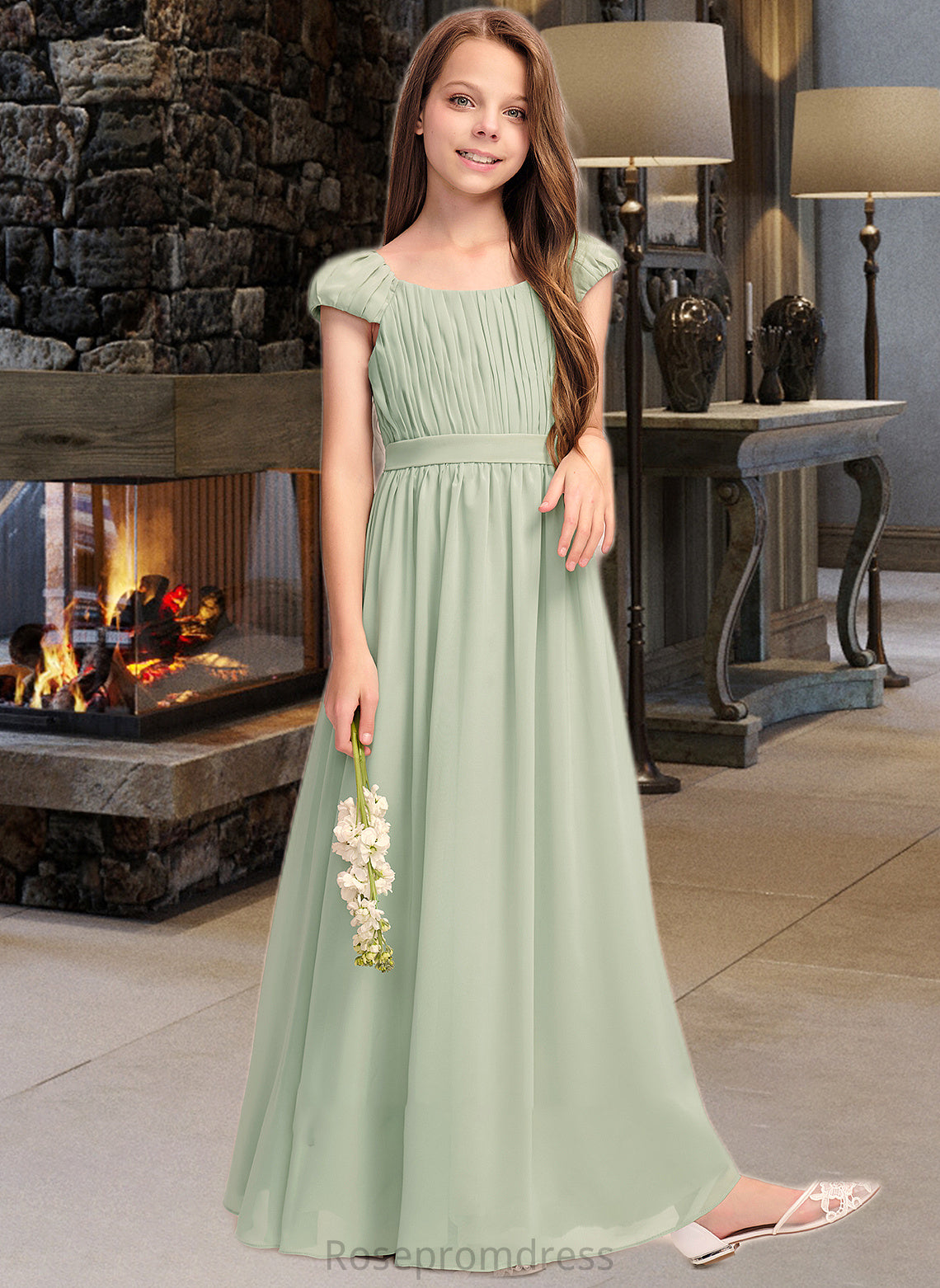 Jayleen A-Line Scoop Neck Floor-Length Chiffon Junior Bridesmaid Dress With Ruffle Bow(s) SRSP0013474