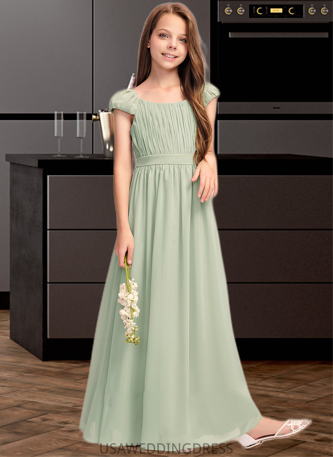 Aliza A-Line Scoop Neck Floor-Length Chiffon Junior Bridesmaid Dress With Ruffle Bow(s) DSP0013474