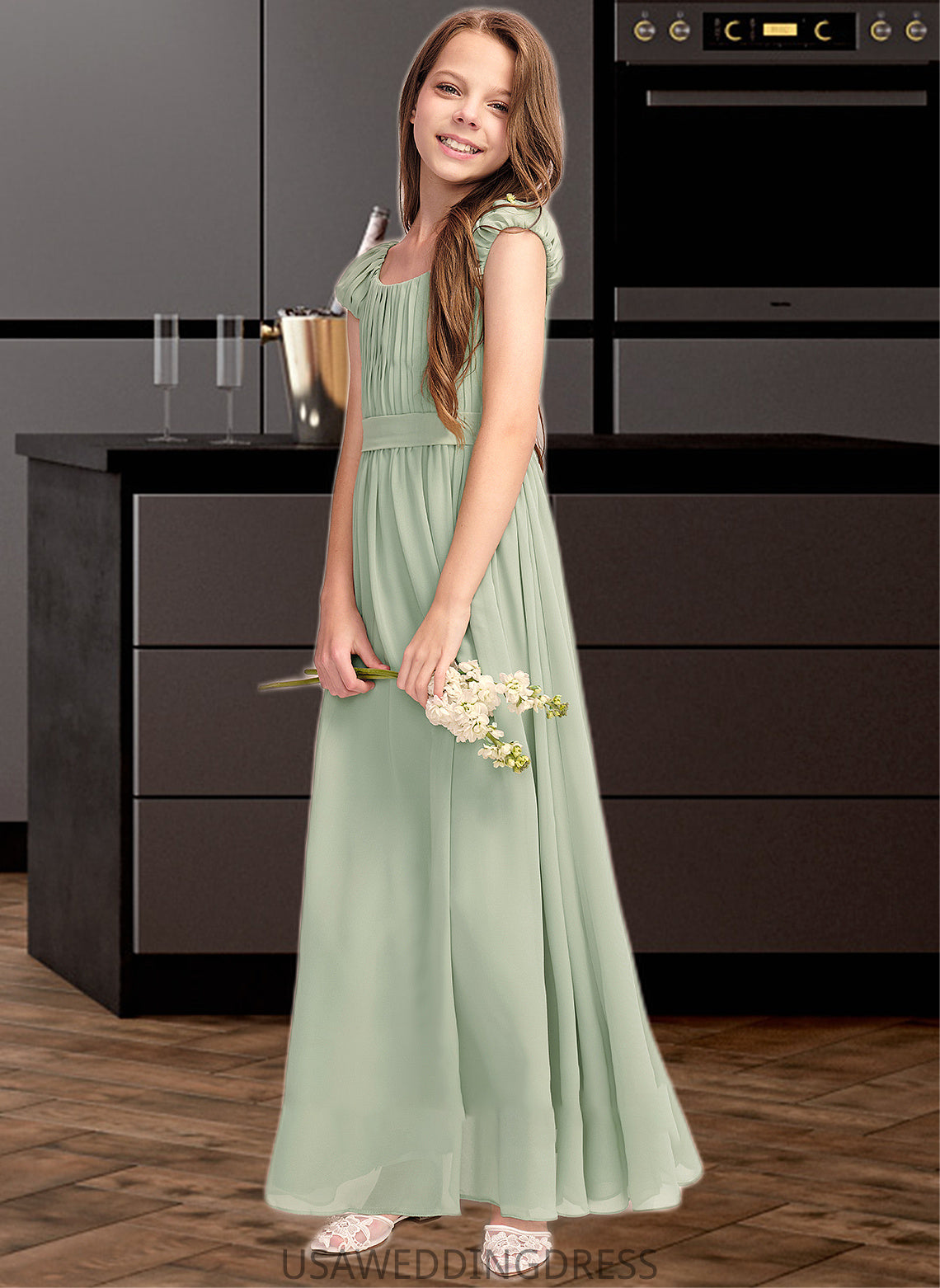 Aliza A-Line Scoop Neck Floor-Length Chiffon Junior Bridesmaid Dress With Ruffle Bow(s) DSP0013474