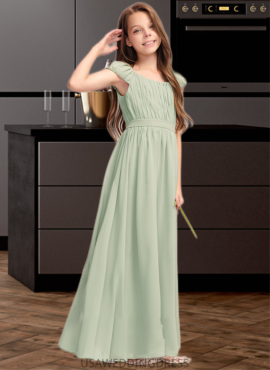 Aliza A-Line Scoop Neck Floor-Length Chiffon Junior Bridesmaid Dress With Ruffle Bow(s) DSP0013474