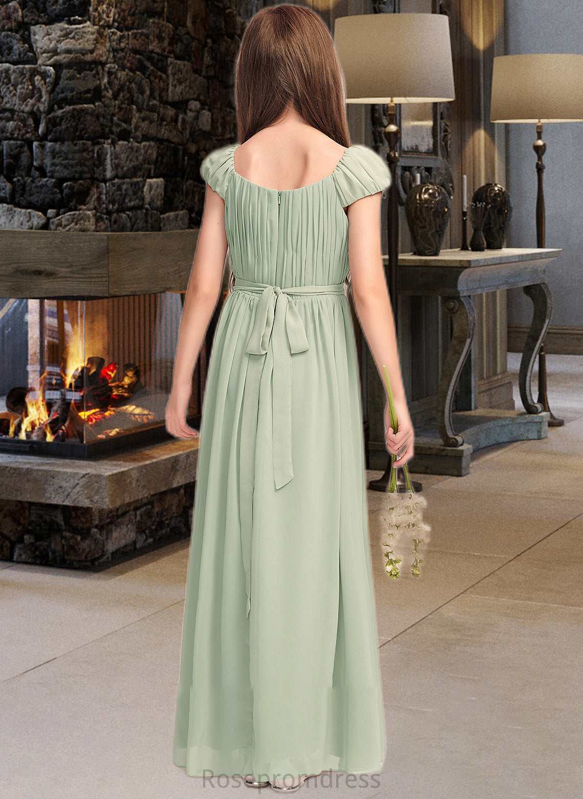 Jayleen A-Line Scoop Neck Floor-Length Chiffon Junior Bridesmaid Dress With Ruffle Bow(s) SRSP0013474