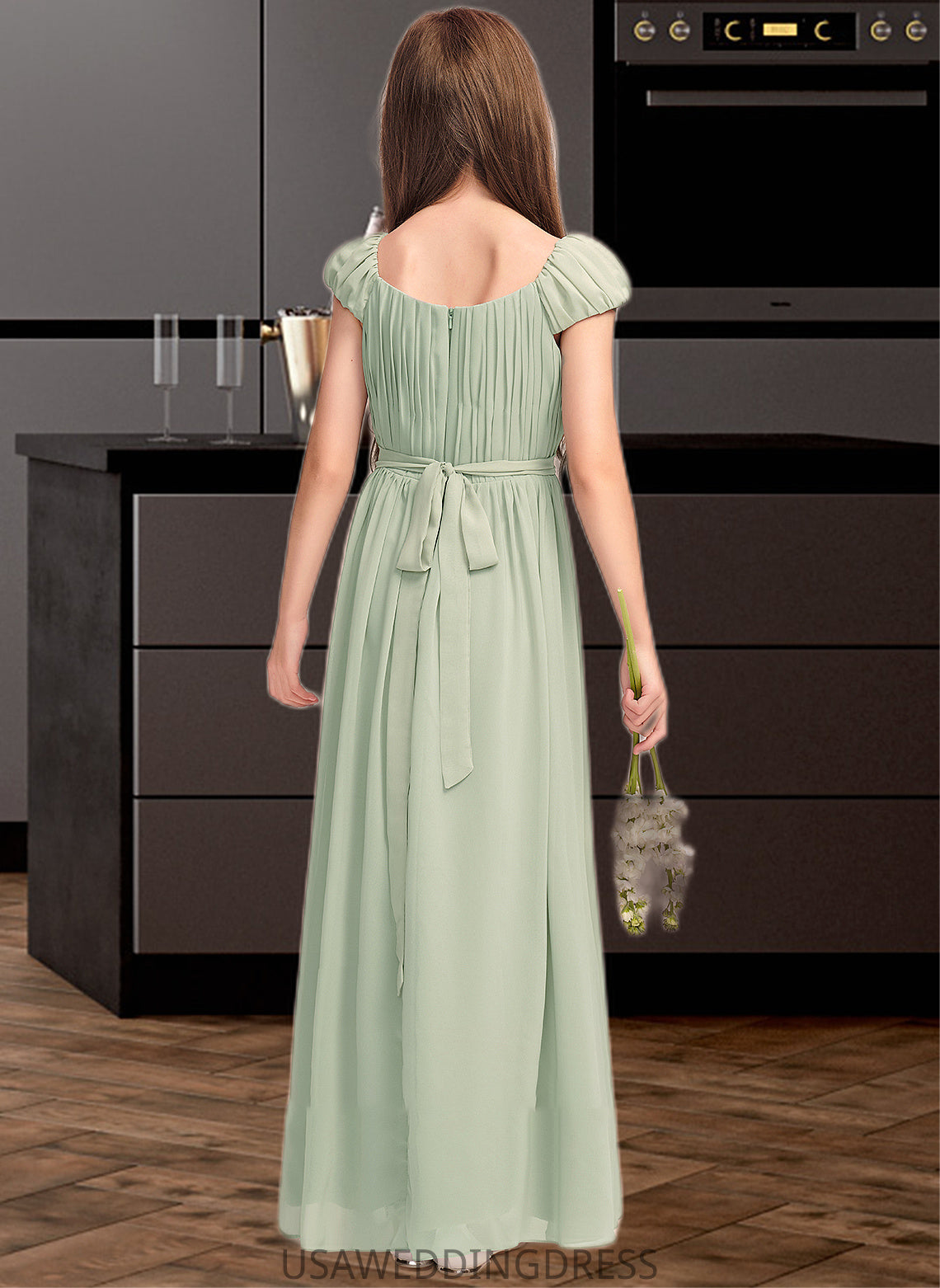 Aliza A-Line Scoop Neck Floor-Length Chiffon Junior Bridesmaid Dress With Ruffle Bow(s) DSP0013474