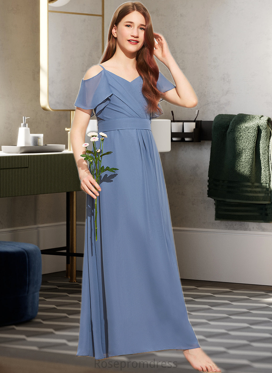 Sophie A-Line Off-the-Shoulder Floor-Length Chiffon Junior Bridesmaid Dress With Ruffle Bow(s) SRSP0013475