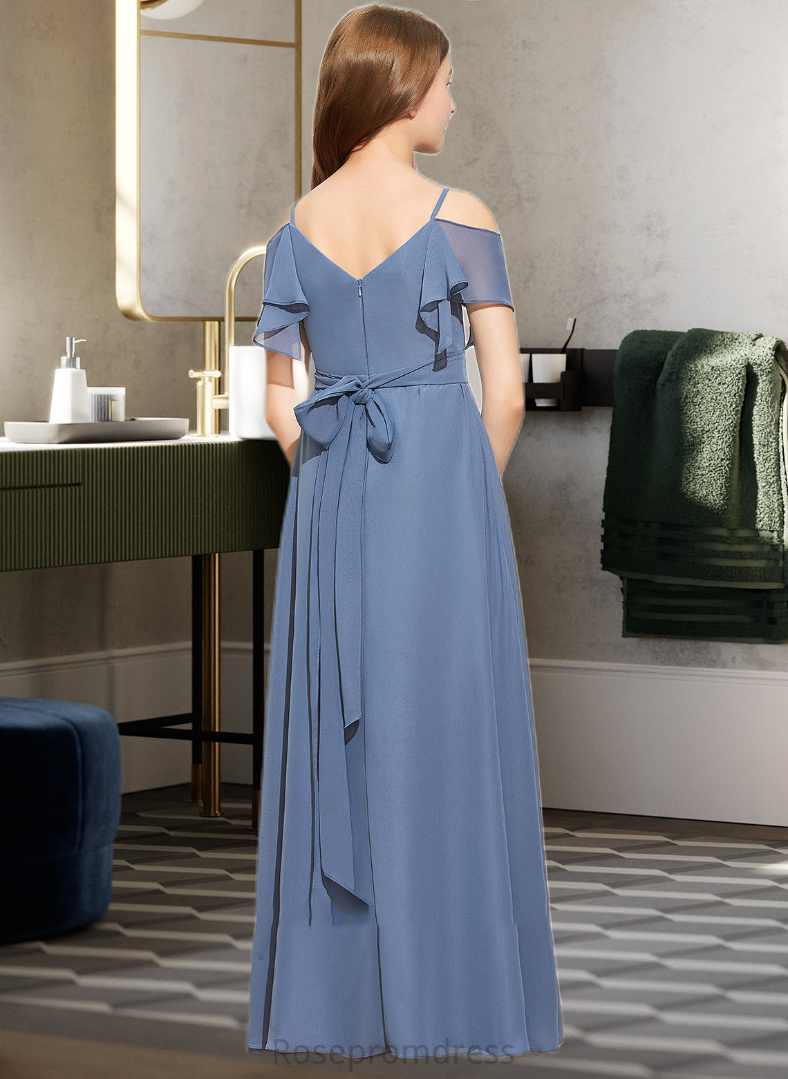 Sophie A-Line Off-the-Shoulder Floor-Length Chiffon Junior Bridesmaid Dress With Ruffle Bow(s) SRSP0013475