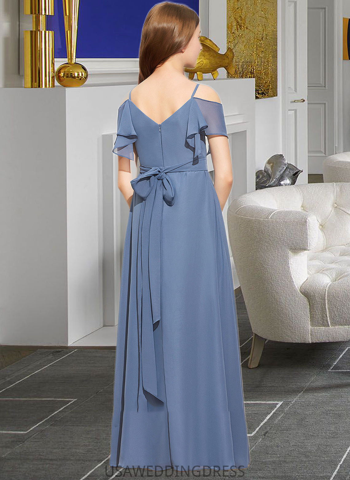 Alyssa A-Line Off-the-Shoulder Floor-Length Chiffon Junior Bridesmaid Dress With Ruffle Bow(s) DSP0013475