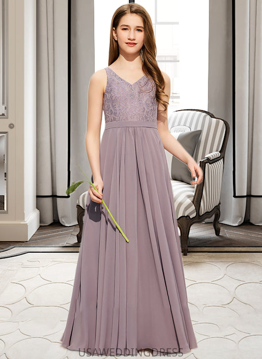 Kylee A-Line V-neck Floor-Length Chiffon Lace Junior Bridesmaid Dress DSP0013476