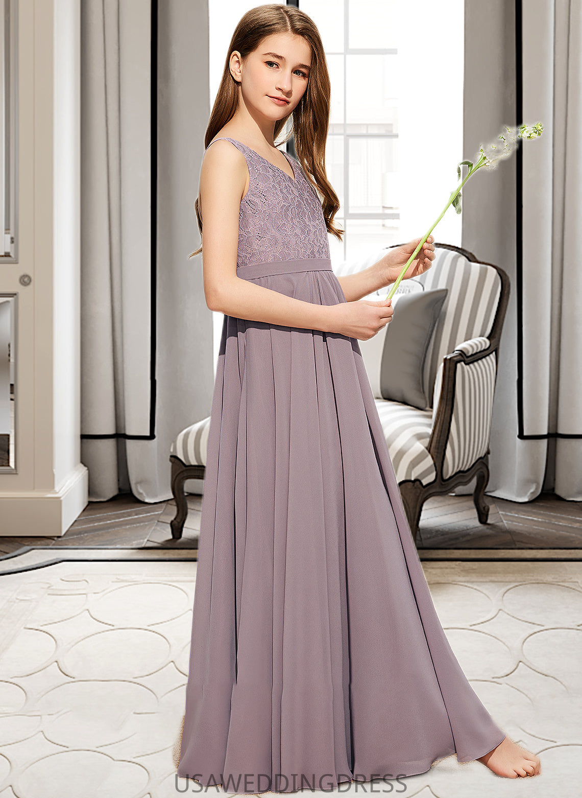 Kylee A-Line V-neck Floor-Length Chiffon Lace Junior Bridesmaid Dress DSP0013476