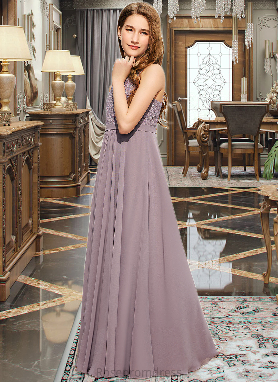 Karen A-Line V-neck Floor-Length Chiffon Lace Junior Bridesmaid Dress SRSP0013476