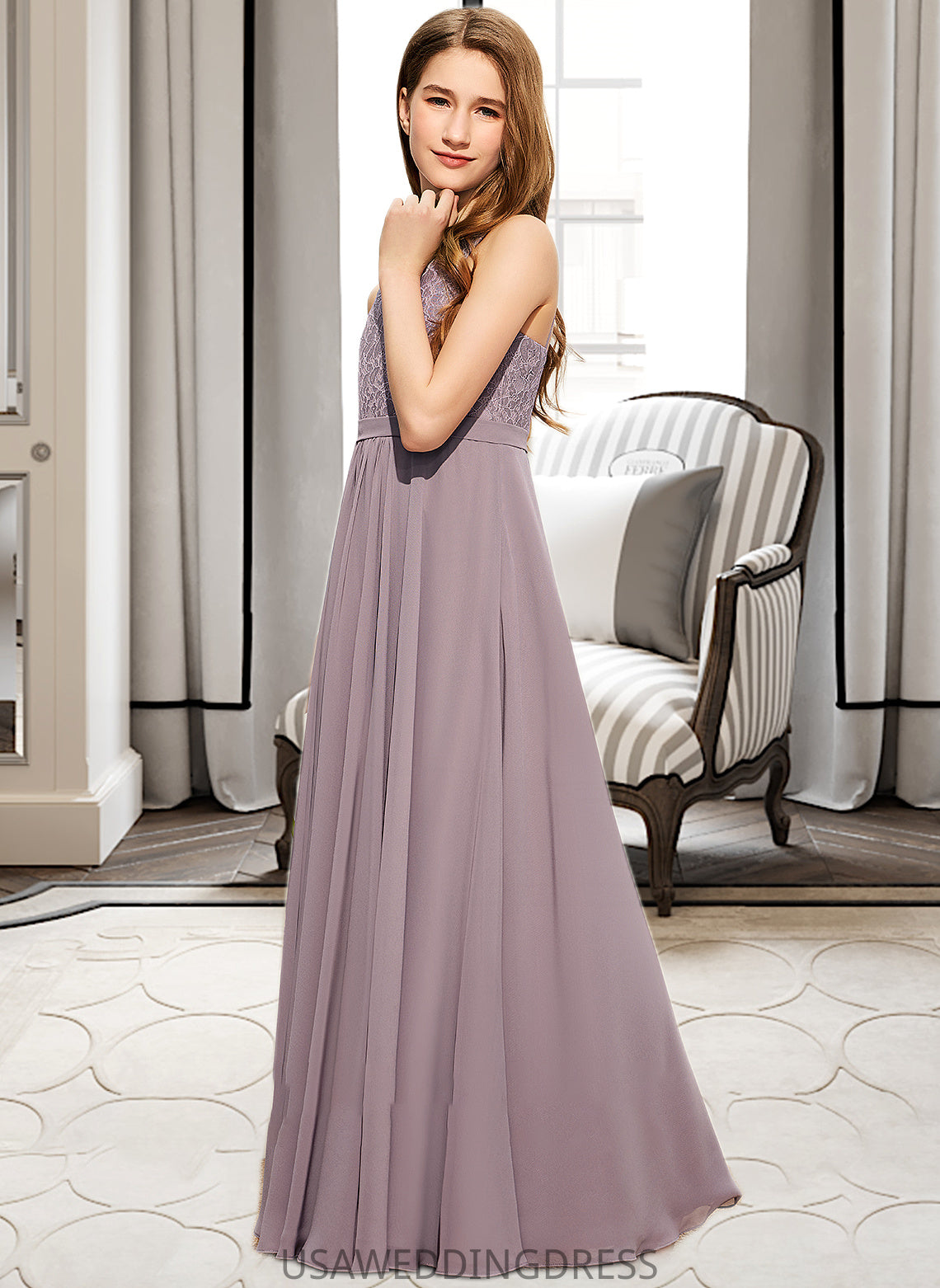 Kylee A-Line V-neck Floor-Length Chiffon Lace Junior Bridesmaid Dress DSP0013476