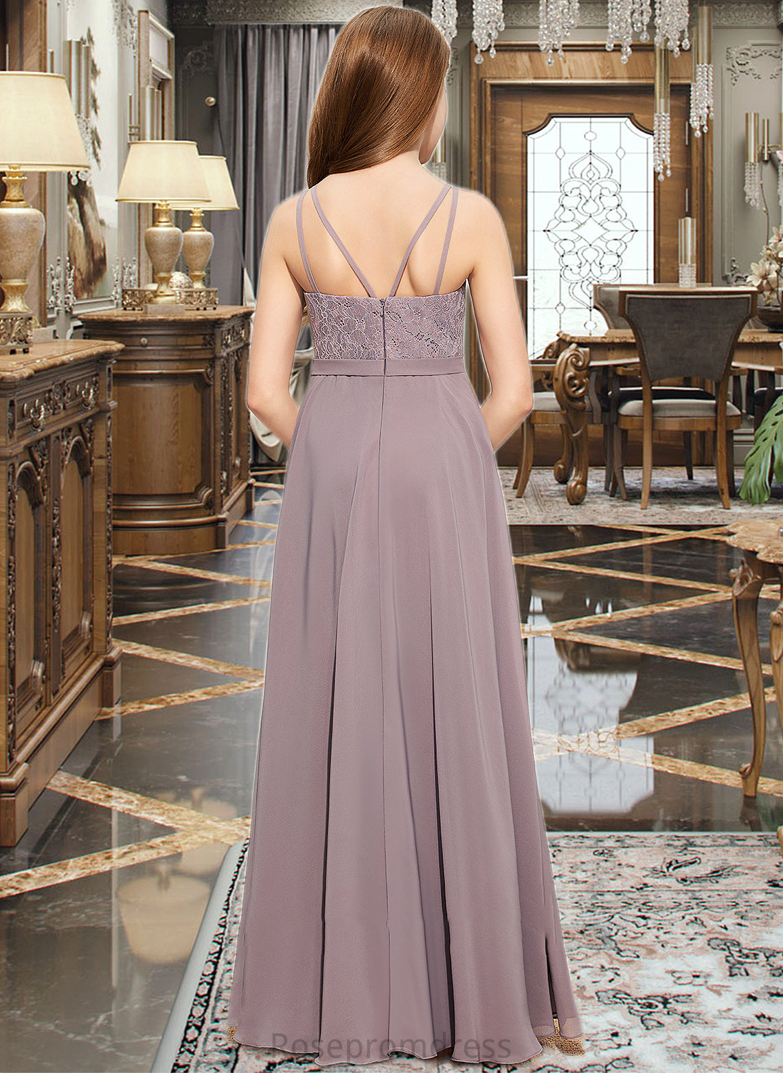 Karen A-Line V-neck Floor-Length Chiffon Lace Junior Bridesmaid Dress SRSP0013476