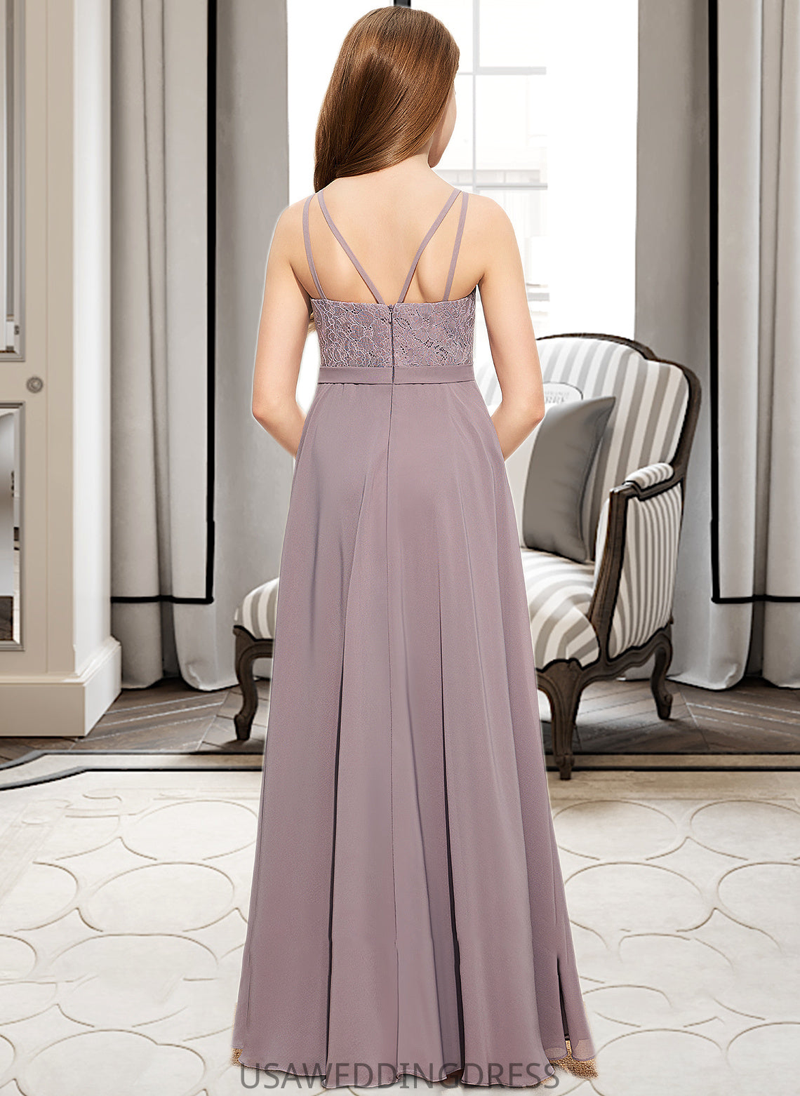 Kylee A-Line V-neck Floor-Length Chiffon Lace Junior Bridesmaid Dress DSP0013476