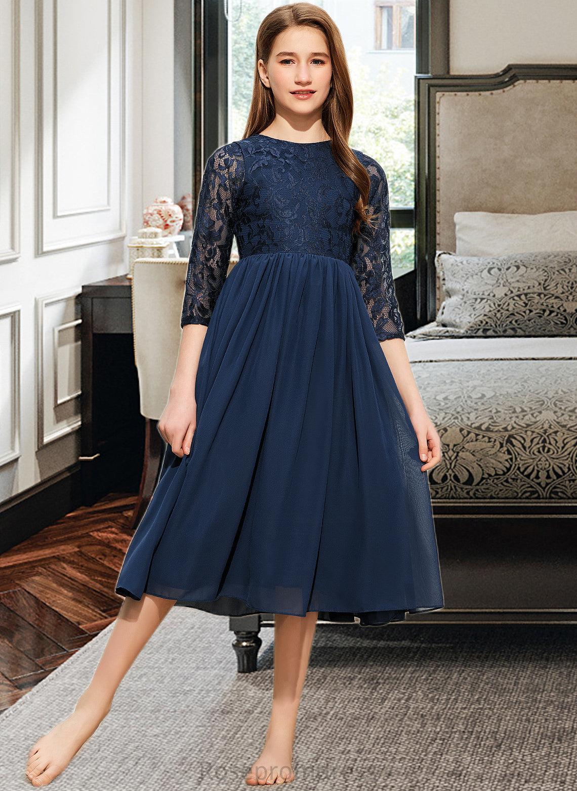 Amiah A-Line Scoop Neck Tea-Length Chiffon Lace Junior Bridesmaid Dress SRSP0013477