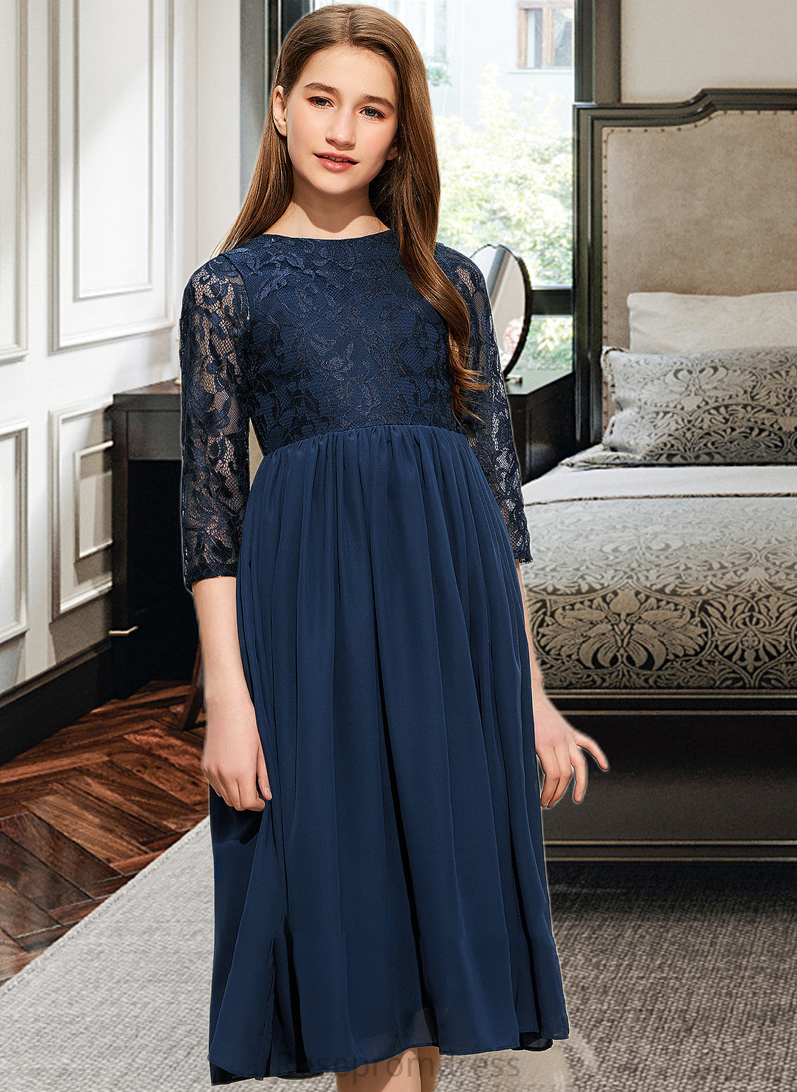 Amiah A-Line Scoop Neck Tea-Length Chiffon Lace Junior Bridesmaid Dress SRSP0013477