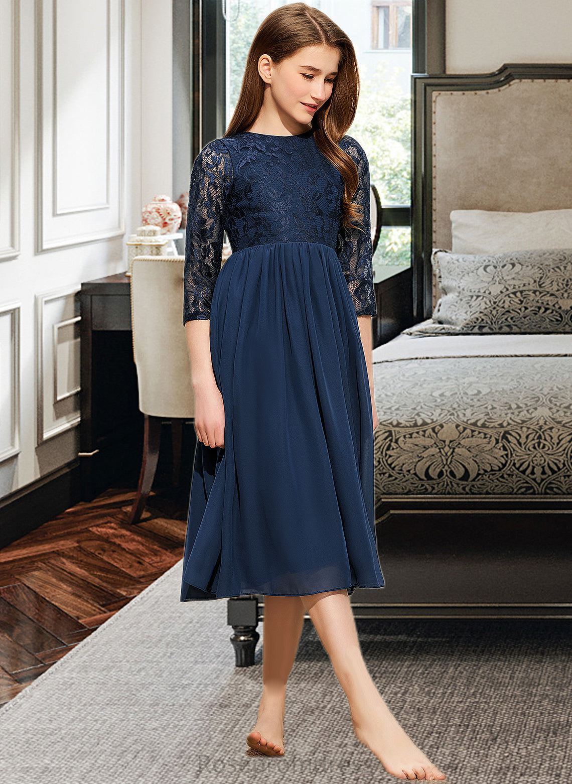 Amiah A-Line Scoop Neck Tea-Length Chiffon Lace Junior Bridesmaid Dress SRSP0013477