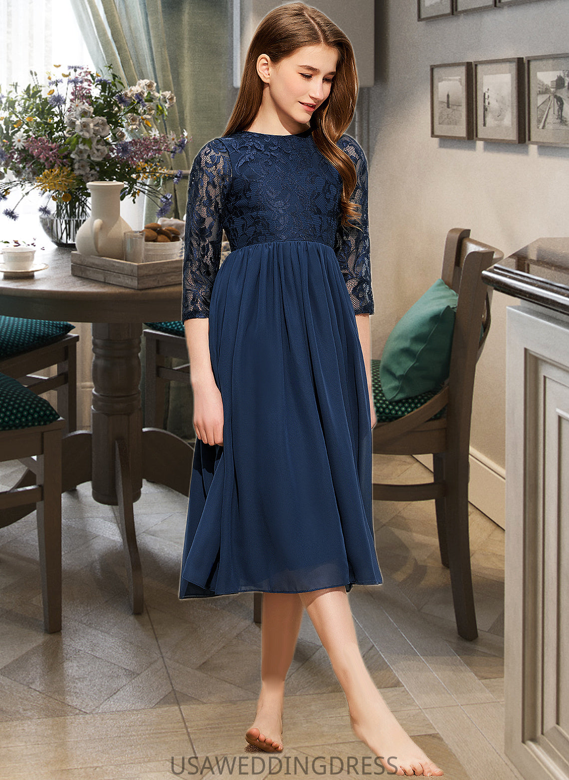 Myla A-Line Scoop Neck Tea-Length Chiffon Lace Junior Bridesmaid Dress DSP0013477