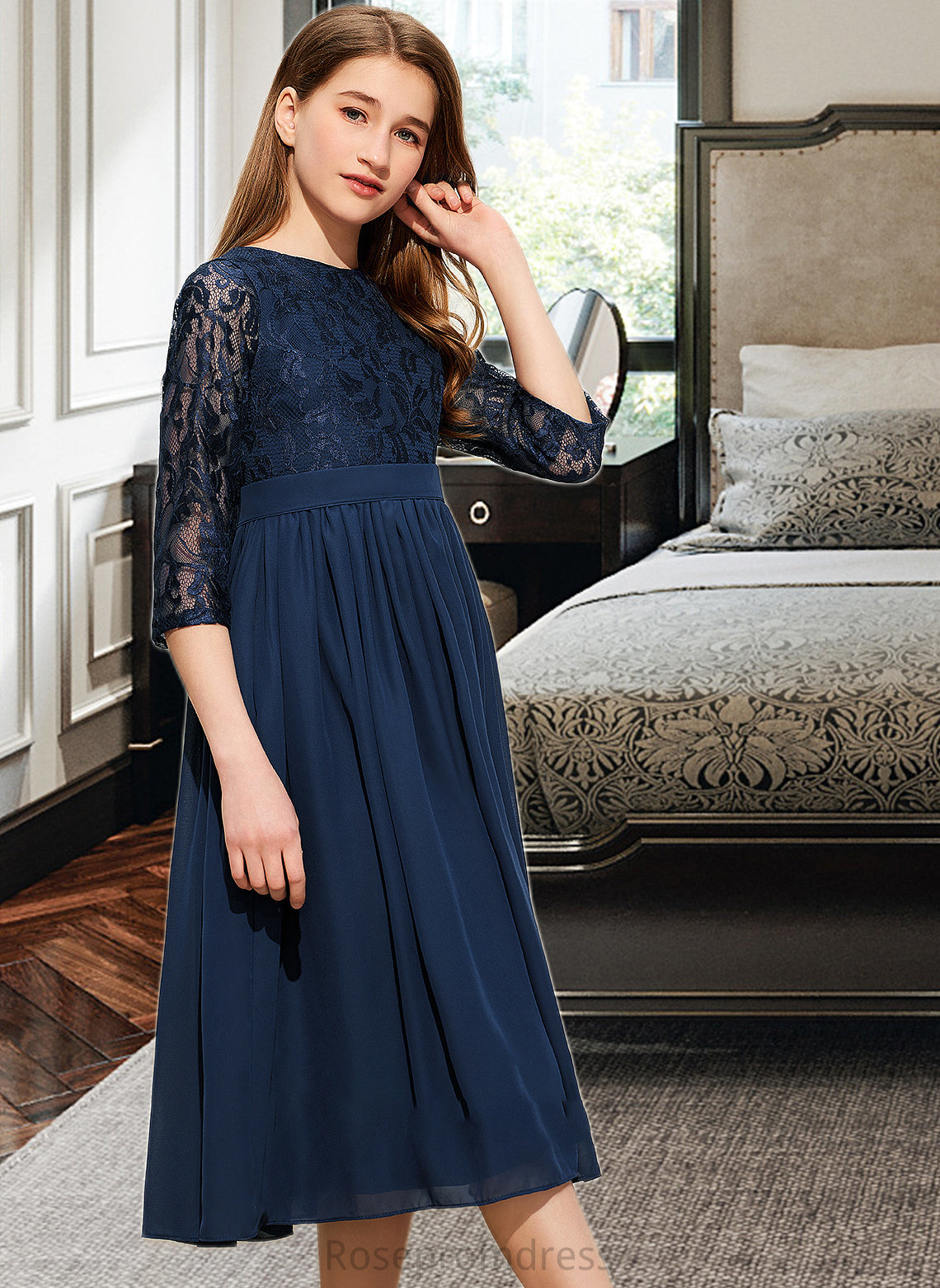 Amiah A-Line Scoop Neck Tea-Length Chiffon Lace Junior Bridesmaid Dress SRSP0013477