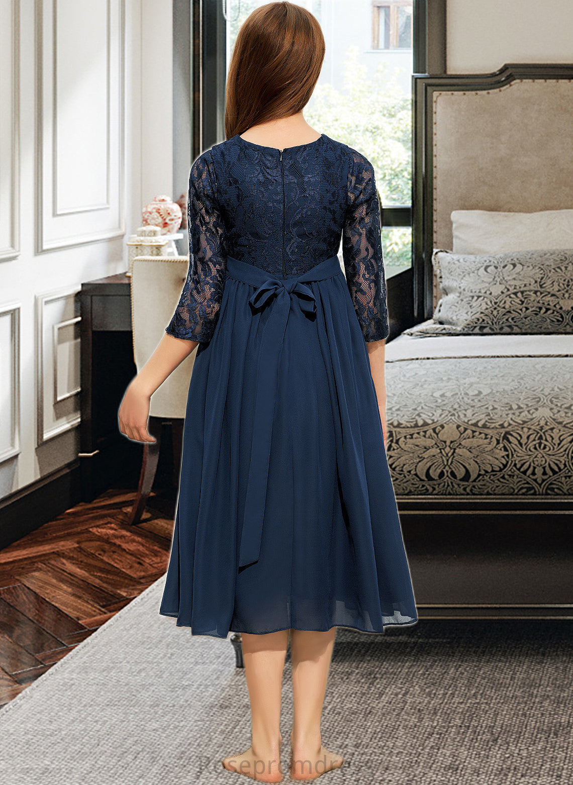 Amiah A-Line Scoop Neck Tea-Length Chiffon Lace Junior Bridesmaid Dress SRSP0013477