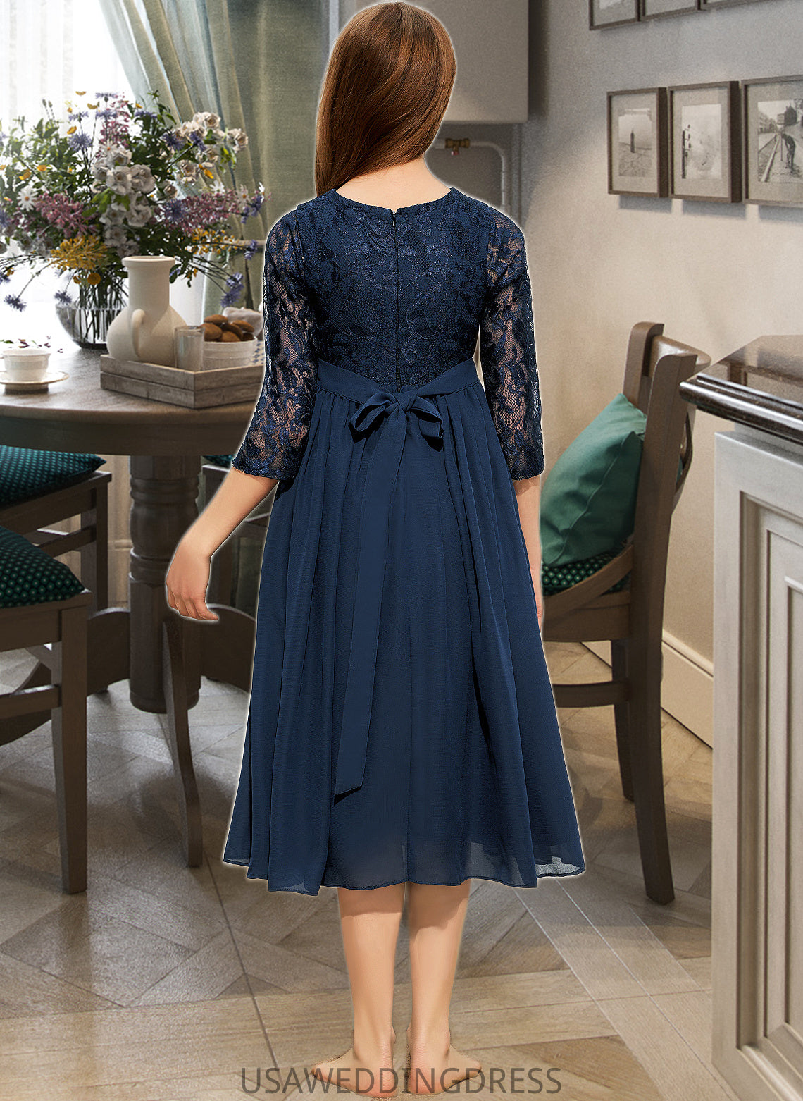 Myla A-Line Scoop Neck Tea-Length Chiffon Lace Junior Bridesmaid Dress DSP0013477