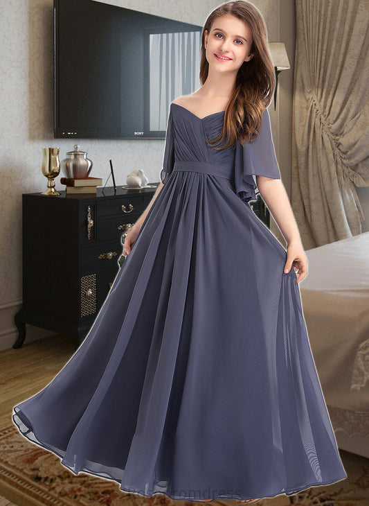 Nathaly A-Line Off-the-Shoulder Floor-Length Chiffon Junior Bridesmaid Dress With Ruffle Bow(s) SRSP0013479