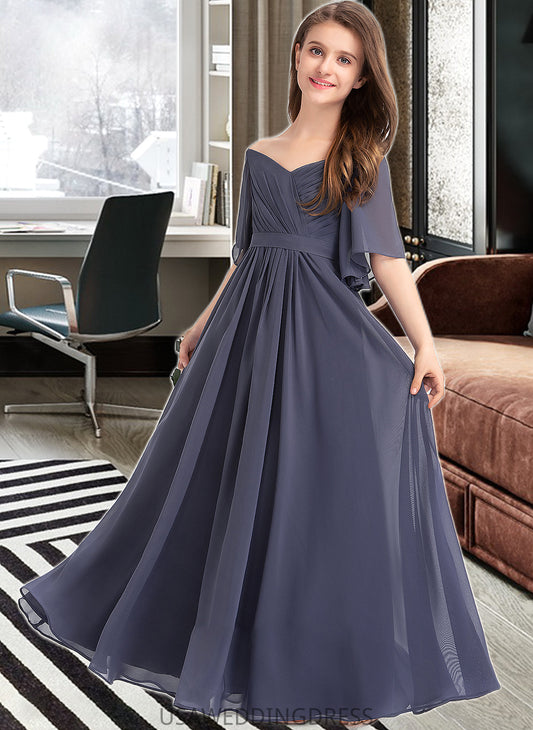 Ciara A-Line Off-the-Shoulder Floor-Length Chiffon Junior Bridesmaid Dress With Ruffle Bow(s) DSP0013479