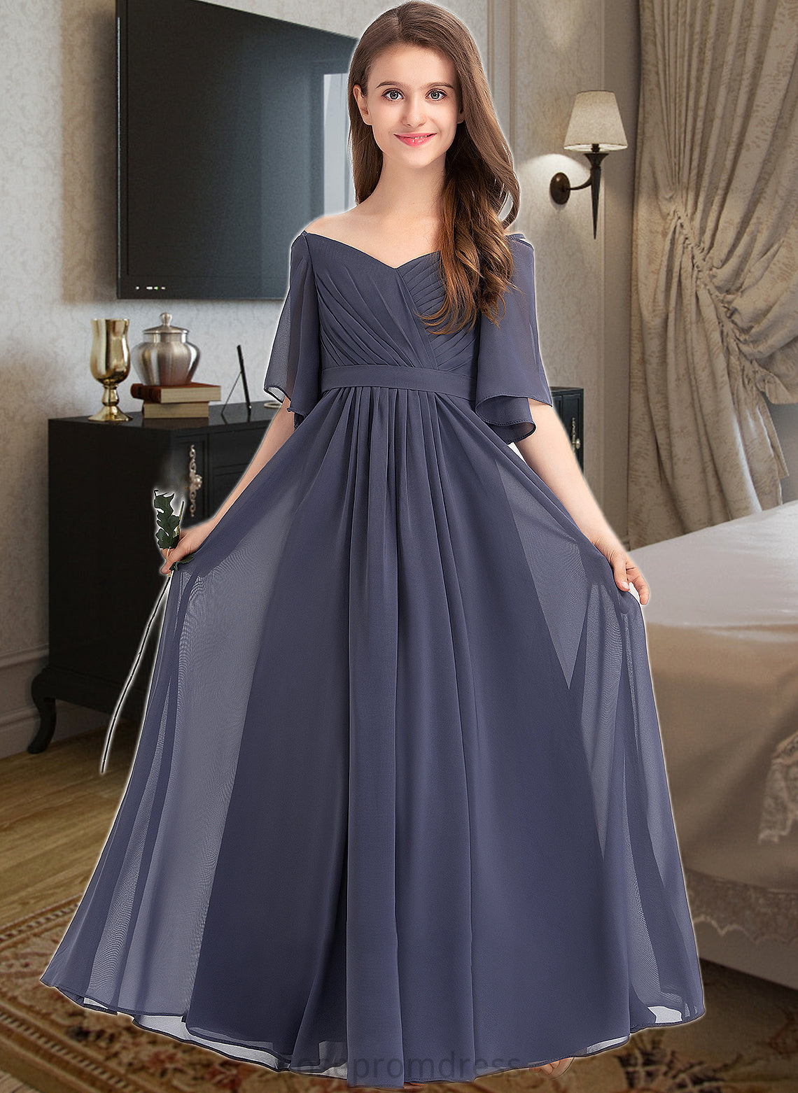 Nathaly A-Line Off-the-Shoulder Floor-Length Chiffon Junior Bridesmaid Dress With Ruffle Bow(s) SRSP0013479