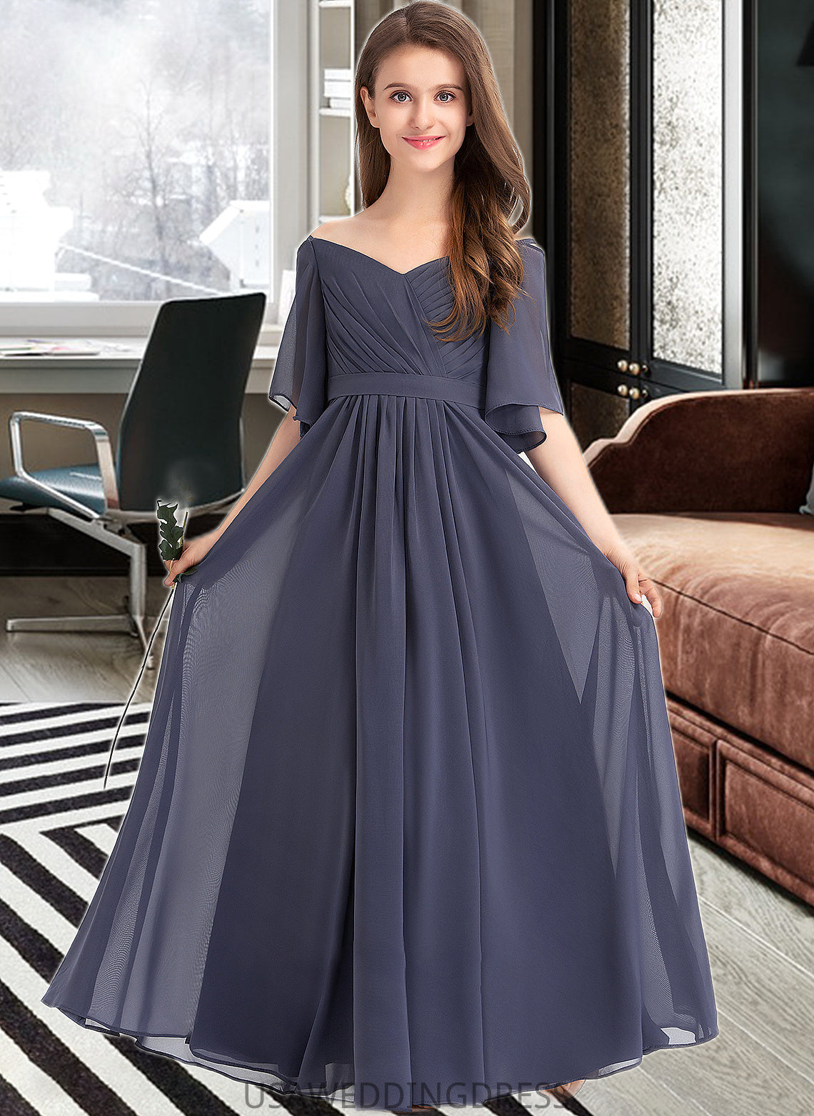 Ciara A-Line Off-the-Shoulder Floor-Length Chiffon Junior Bridesmaid Dress With Ruffle Bow(s) DSP0013479