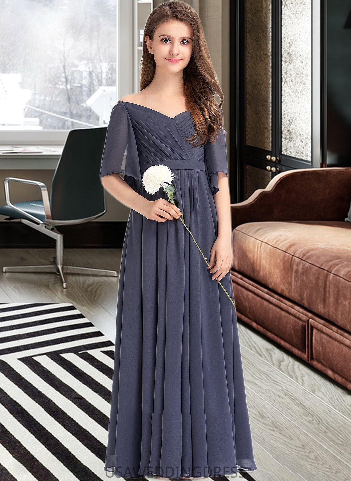 Ciara A-Line Off-the-Shoulder Floor-Length Chiffon Junior Bridesmaid Dress With Ruffle Bow(s) DSP0013479