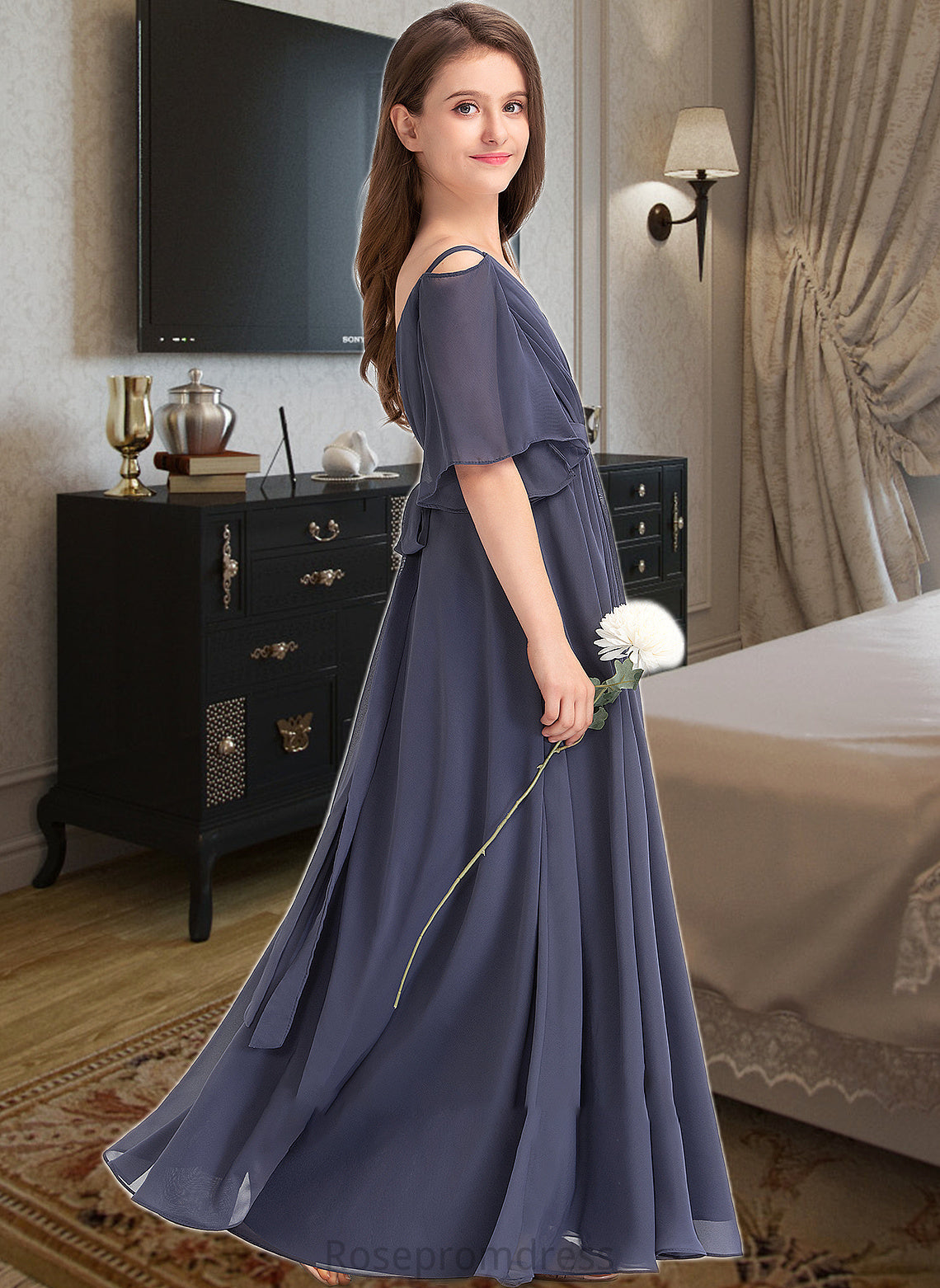 Nathaly A-Line Off-the-Shoulder Floor-Length Chiffon Junior Bridesmaid Dress With Ruffle Bow(s) SRSP0013479