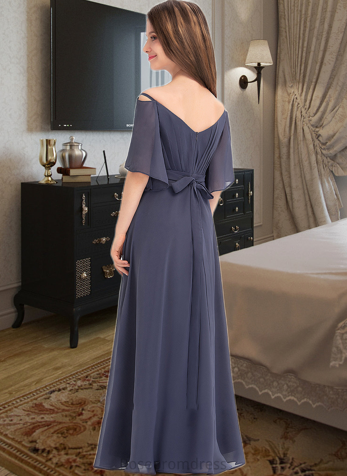 Nathaly A-Line Off-the-Shoulder Floor-Length Chiffon Junior Bridesmaid Dress With Ruffle Bow(s) SRSP0013479