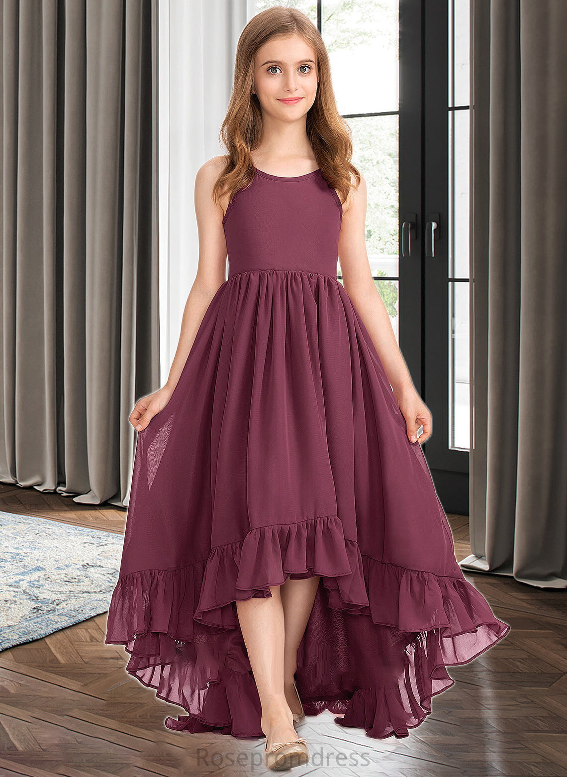 Myah A-Line Scoop Neck Asymmetrical Chiffon Junior Bridesmaid Dress With Bow(s) Cascading Ruffles SRSP0013480